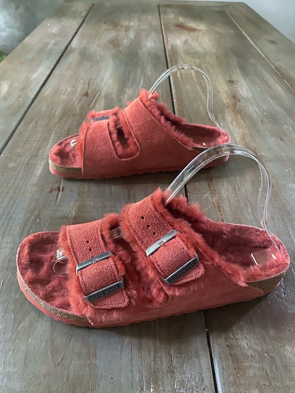 Birkenstock Arizona Shearling Suede Fur Lined Buckle Sandals Womens 9 260 Coral